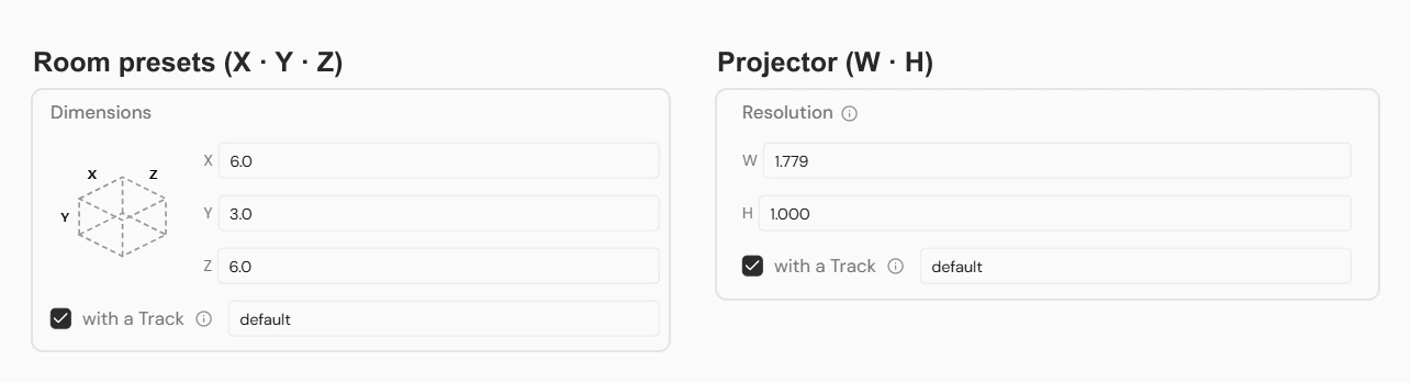 Two Add Zone input regions side by side: a Dimensions panel with X, Y, and Z fields for room presets, and a Resolution panel with W and H fields for the Projector preset.