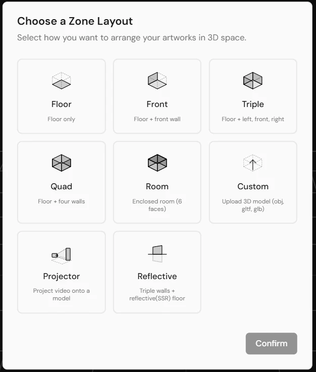 The "Choose a Zone Layout" dialog with eight room preset cards: Floor, Front, Triple, Quad, Room, Custom, Projector, and Reflective.