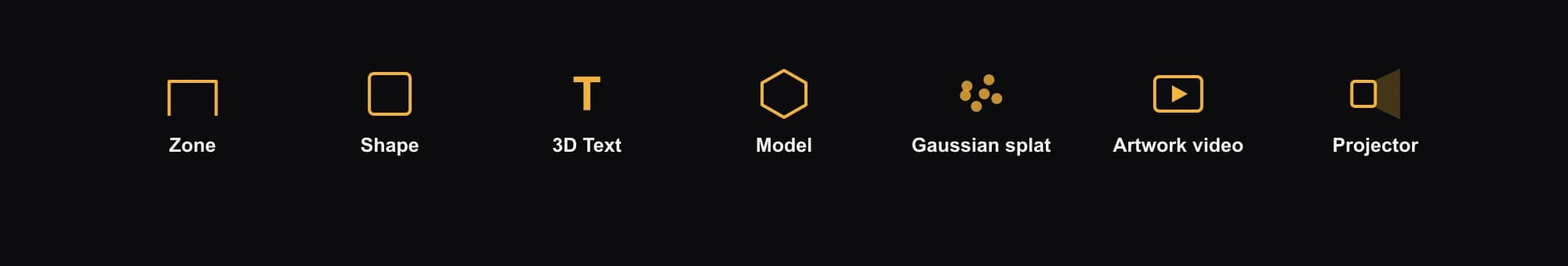Content types: Zone, Shape, 3D Text, Model, Gaussian splat, Artwork video, and Projector.