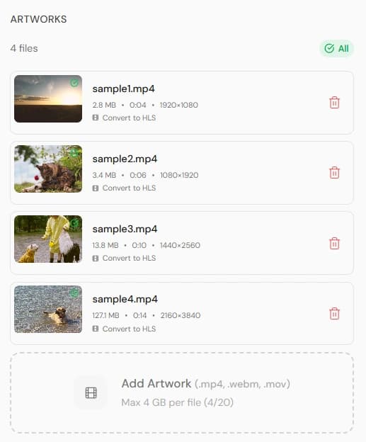 Artworks tab listing uploaded videos with thumbnails, size/duration/resolution, a Convert to HLS action, and delete buttons, plus an Add Artwork drop area.