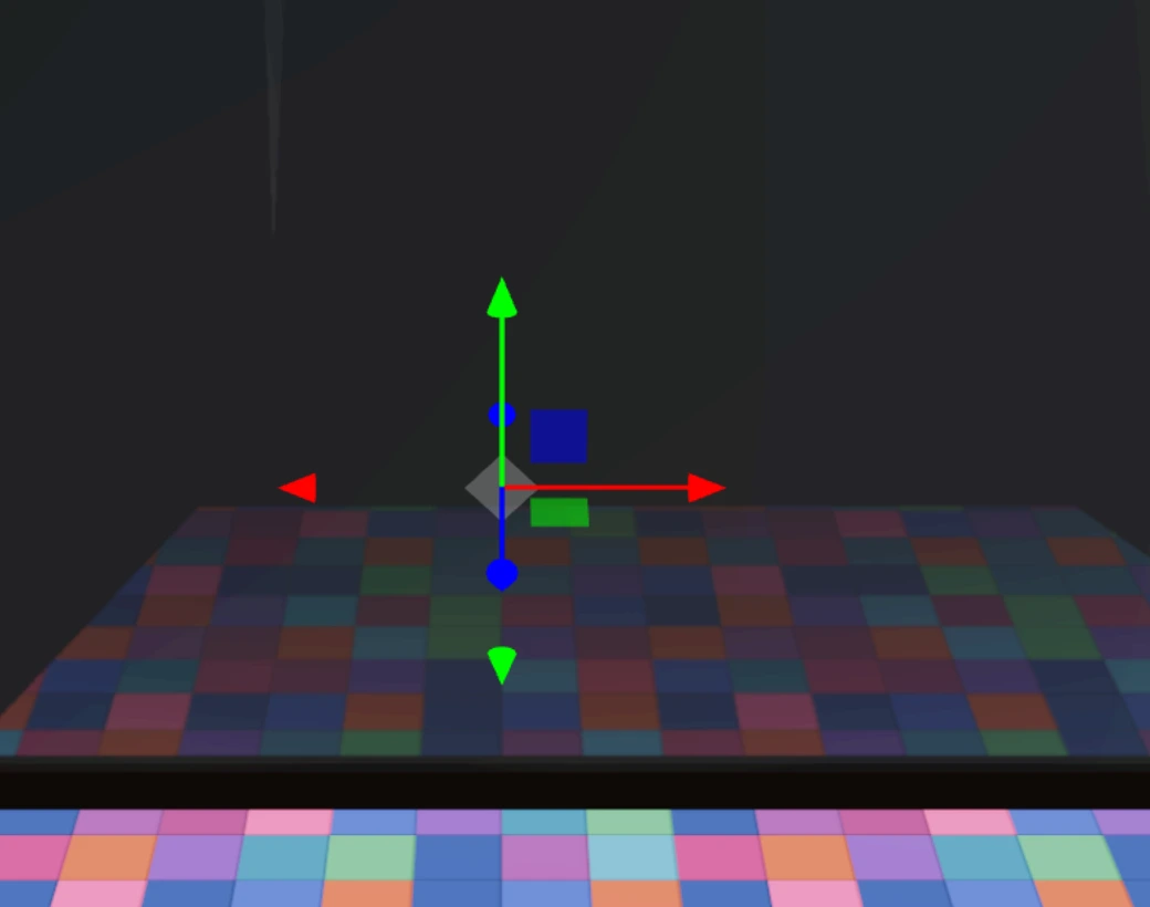 A selected object in the 3D canvas showing the colored move, rotate, and scale gizmo handles.