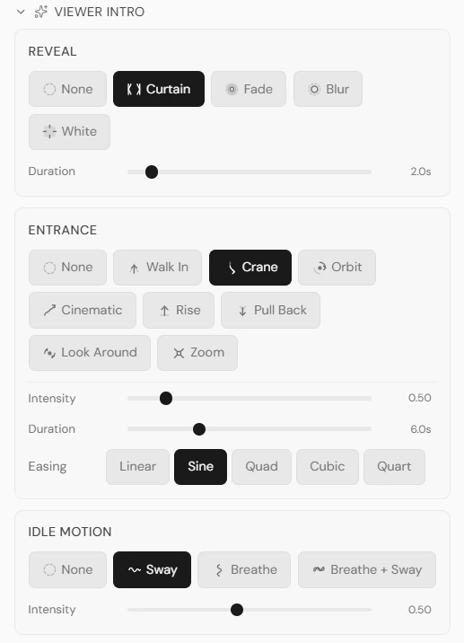 Viewer Intro section with Reveal presets (None/Curtain/Fade/Blur/White), Entrance presets (Walk In, Crane, Orbit, and more) with Intensity, Duration, and Easing, and Idle Motion presets.