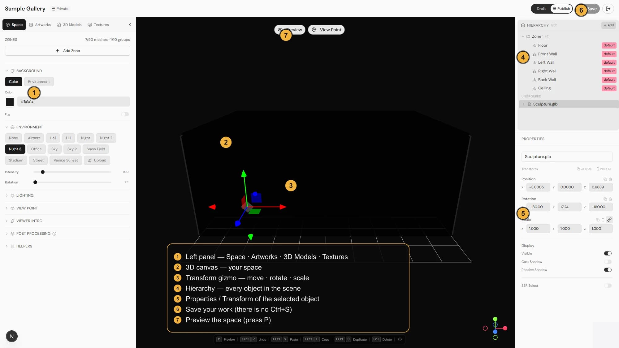 Annotated Studio screenshot: left content & scene panels, central 3D canvas with a transform handle, right-side Hierarchy and Properties panels, and the Save and Preview buttons.