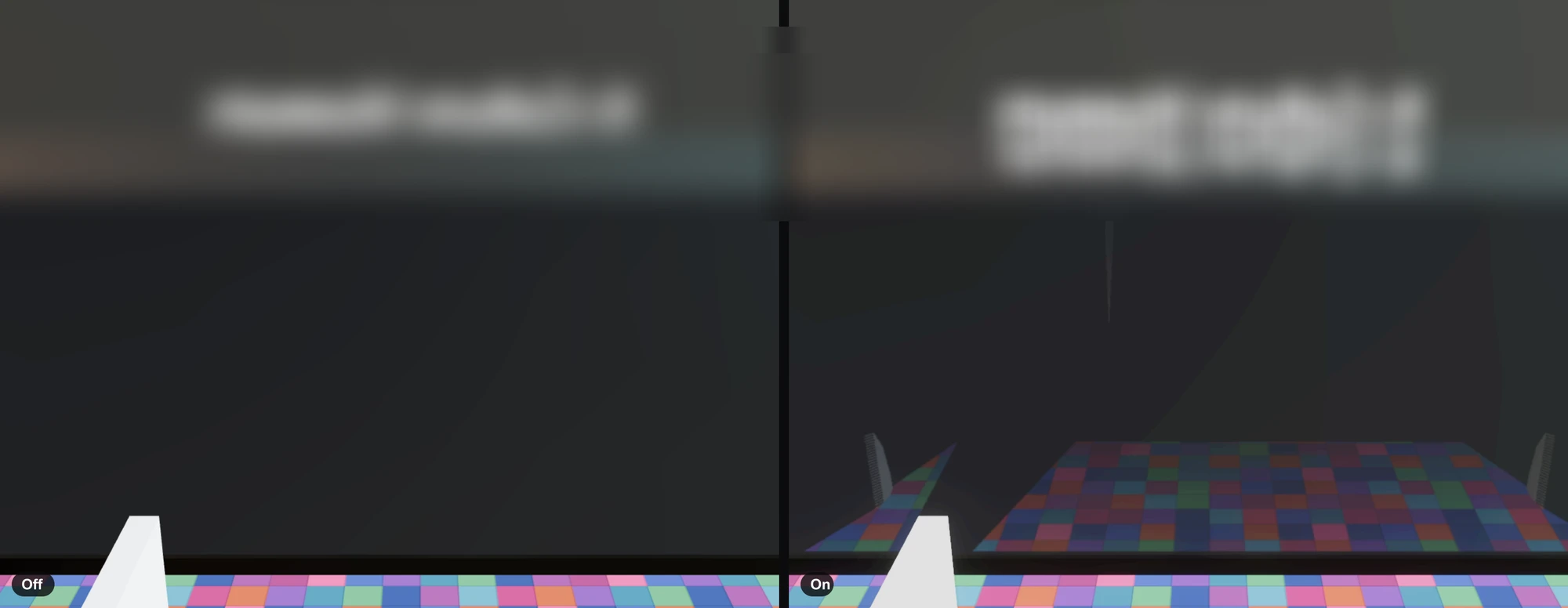 Side-by-side of the same 3D scene with post-processing off and on, showing added reflections and glow.