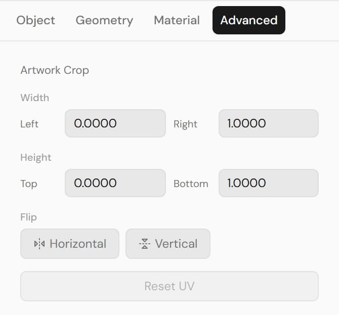 Advanced tab showing Artwork Crop with Left/Right and Top/Bottom fields, Flip Horizontal/Vertical buttons, and a Reset UV button.