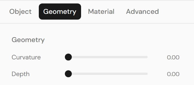 Geometry tab with Curvature and Depth sliders.