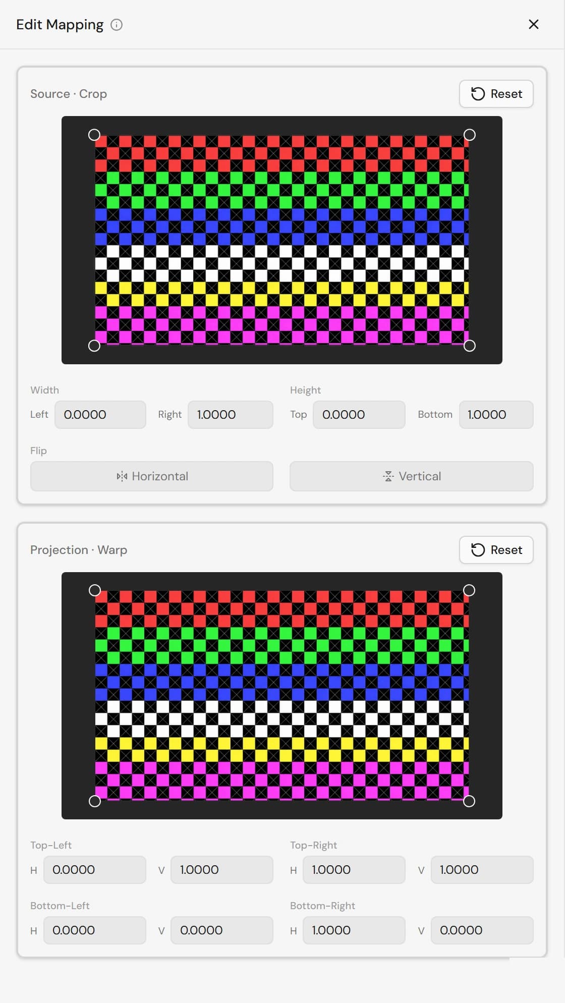 Edit Mapping panel with a Source Crop editor and a Projection Warp editor, each showing a preview with four draggable corner handles and numeric fields.