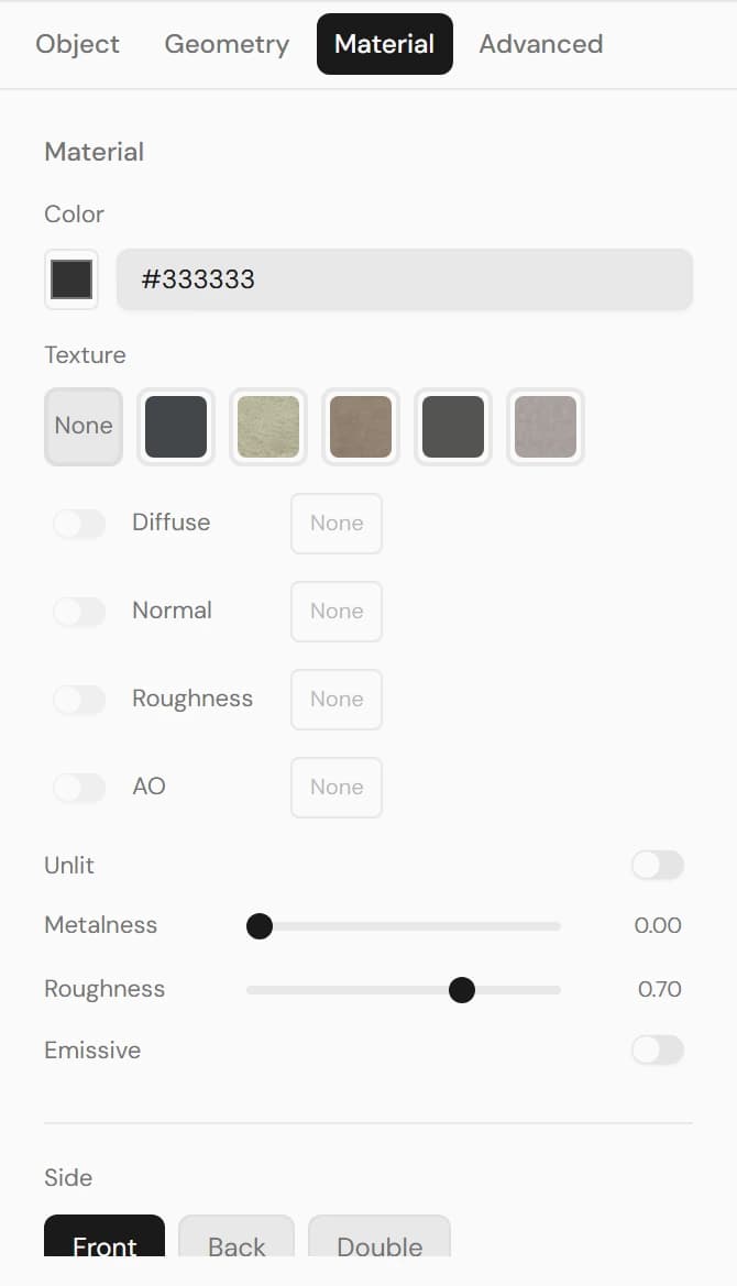 Material tab with a color field, texture preset swatches, Diffuse/Normal/Roughness/AO channel slots, an Unlit toggle, Metalness and Roughness sliders, and a Front/Back/Double side selector.