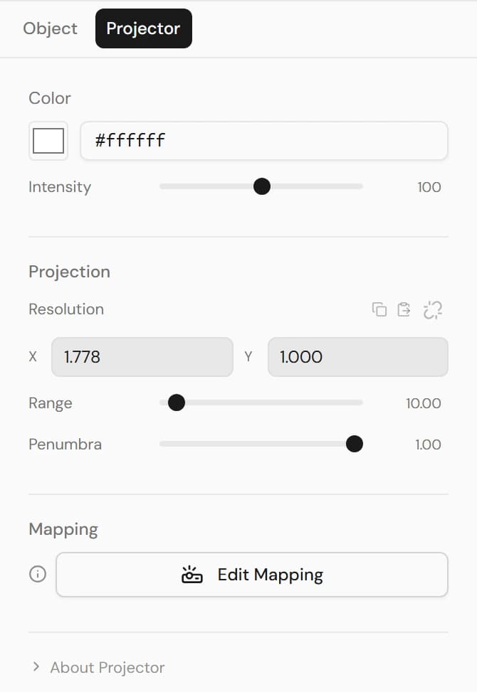 Projector tab with Color, Intensity, a Resolution (X/Y) with aspect lock, Range, Penumbra, and an Edit Mapping button.
