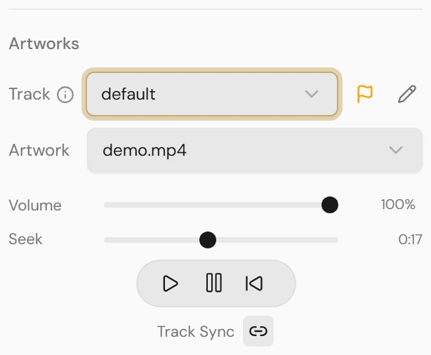 Artworks properties for a surface with an Artwork selector, a Track dropdown, a Volume slider, and play/pause/restart controls.