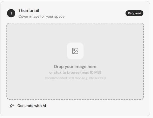 You can drag & drop an image or select one to set as the Space's thumbnail. The AI Generate button opens the AI thumbnail generator.